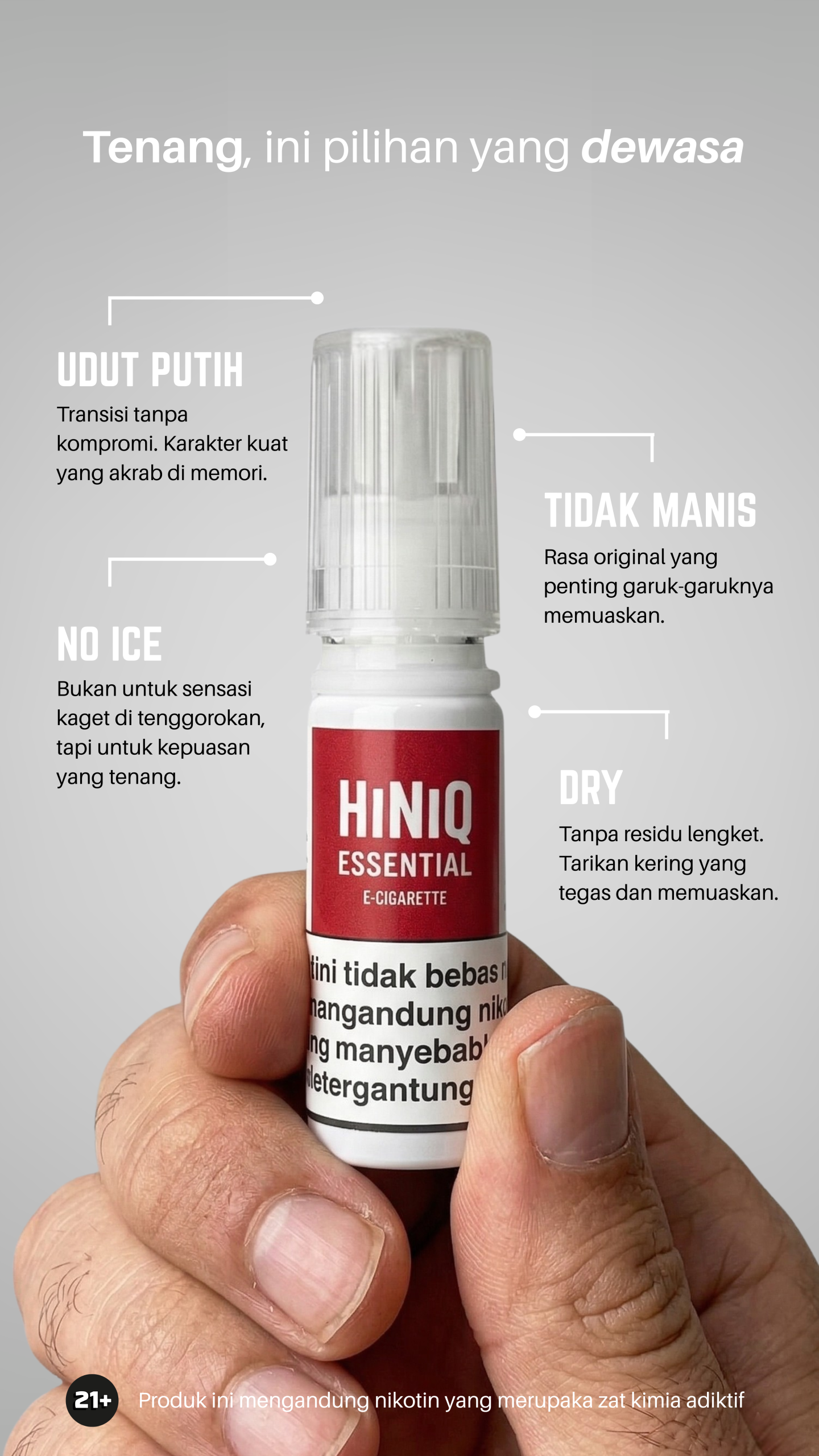 Hiniq Essential E-Cigarette rasa rokok putih untuk pod vape, tidak manis, tidak dingin saltnic salt nicotine 3% 30mg kering