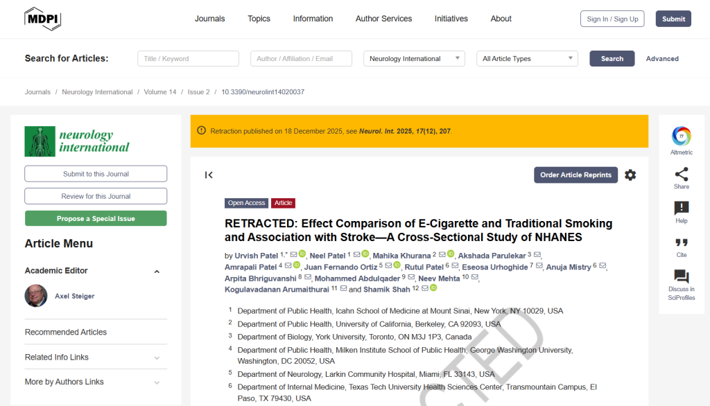 RETRACTED: Effect Comparison of E-Cigarette and Traditional Smoking and Association with Stroke—A Cross-Sectional Study of NHANES