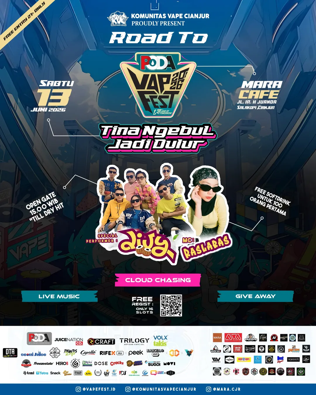 Komunitas Vape Cianjur dengan bangga mempersembahkan sebuah Road to event terbesar di Indonesia yaitu VAPEFEST yang siap mempertemukan para vapers dari berbagai daerah dalam suasana penuh kebersamaan, hiburan, dan persaudaraan. 📅 Sabtu, 13 Juni 2026 📍 Mara Cafe Jl. Ir. H. Juanda, Salakopi, Cianjur